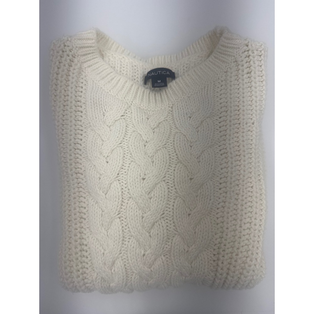 Nautica Womens Cream Cable Knit Crewneck Sweater Cotton Blend Size M Off White